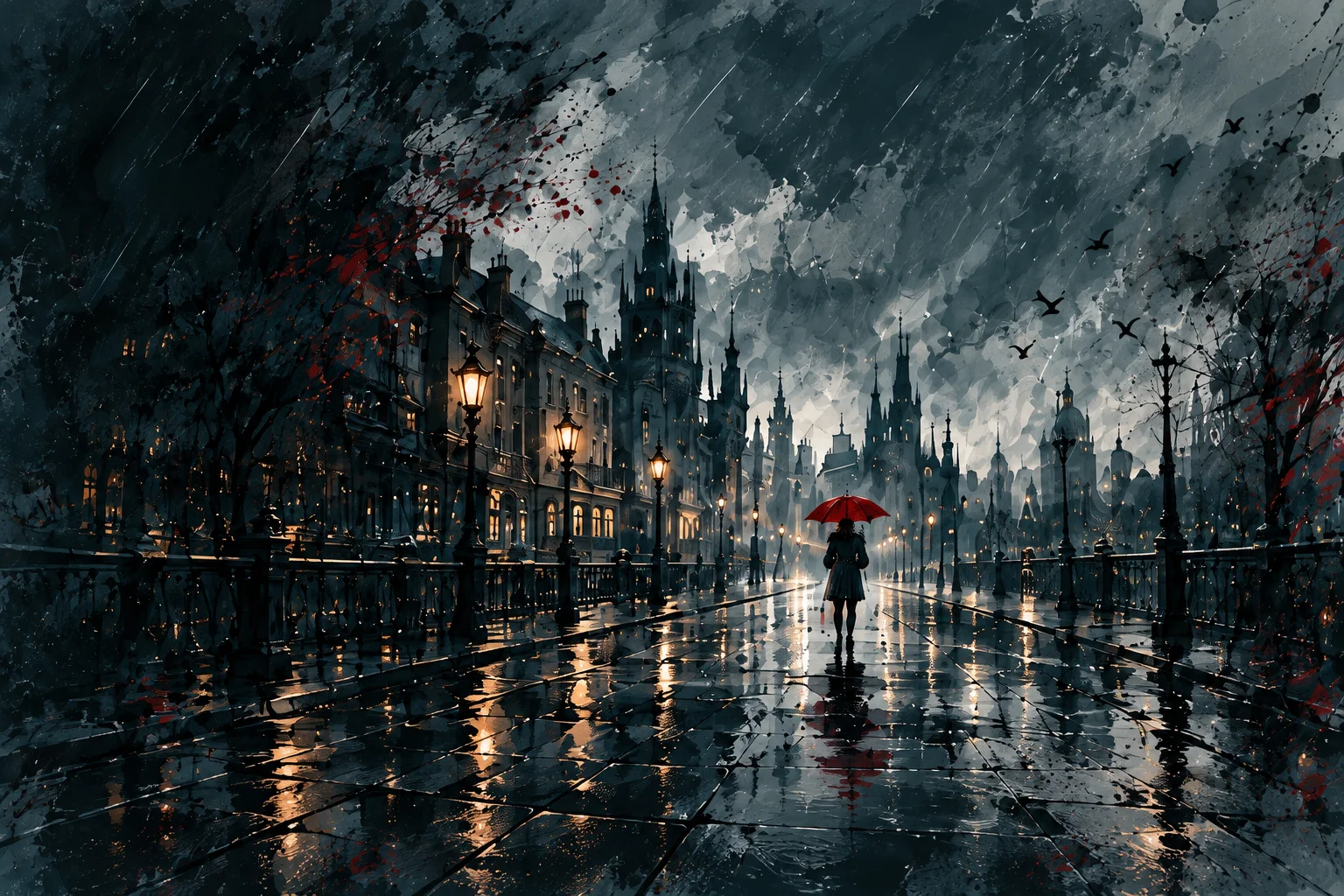 A painterly rainy city, amber streetlamps and a figure beneath a red umbrella.
