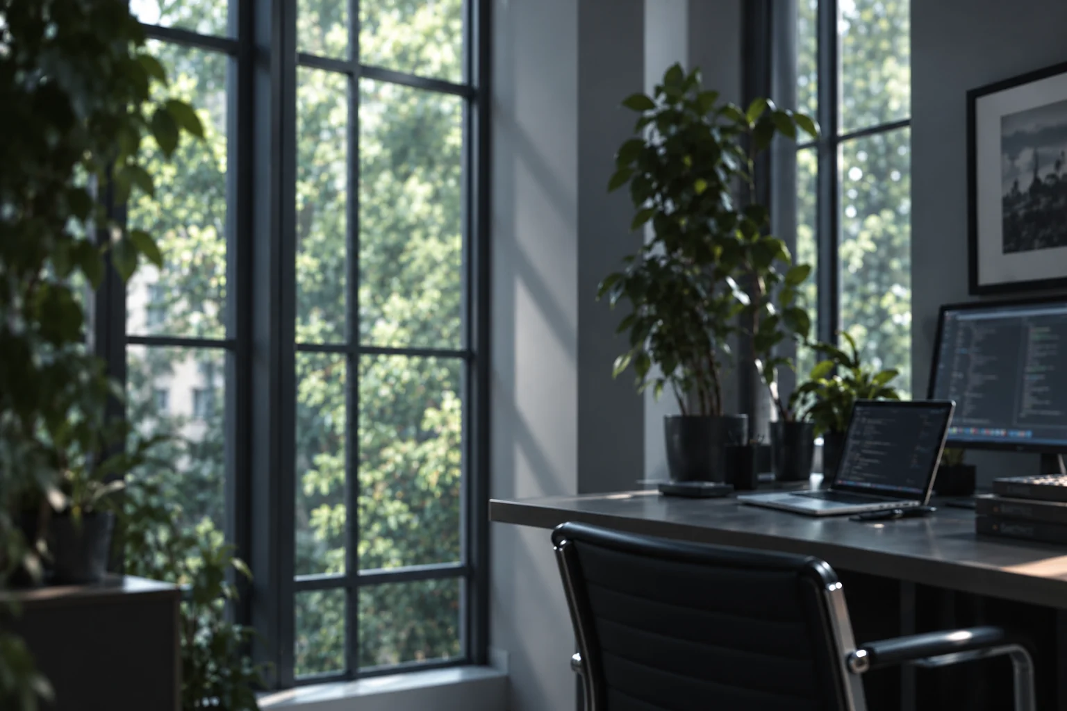 A cool daylight workspace with leafy windows, a laptop and a monitor.